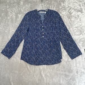 Notations Top Womens Small VNeck Blue Black Geometric Roll Tab Long Sleeve Shirt